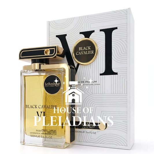 Perfume bottle and packaging of Black Cavalier VI by Le Bonheur Parfums on a white background