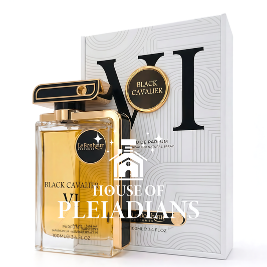 Perfume bottle and packaging of 'Black Cavalier VI' by Le Bonheur Parfums on a white background.