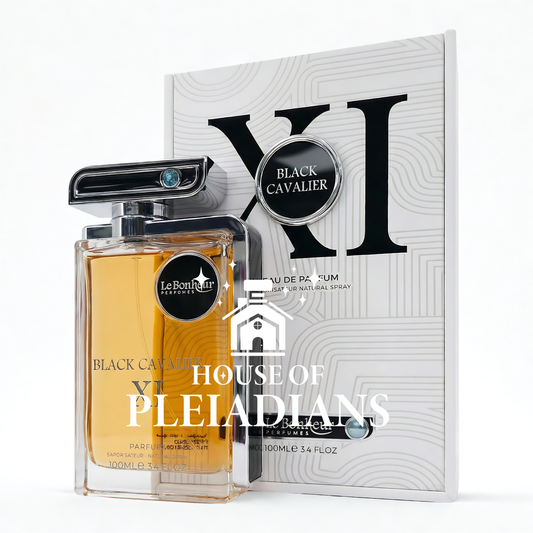 Perfume bottle and packaging of 'Black Cavalier' by Le Bonheur on a white background.