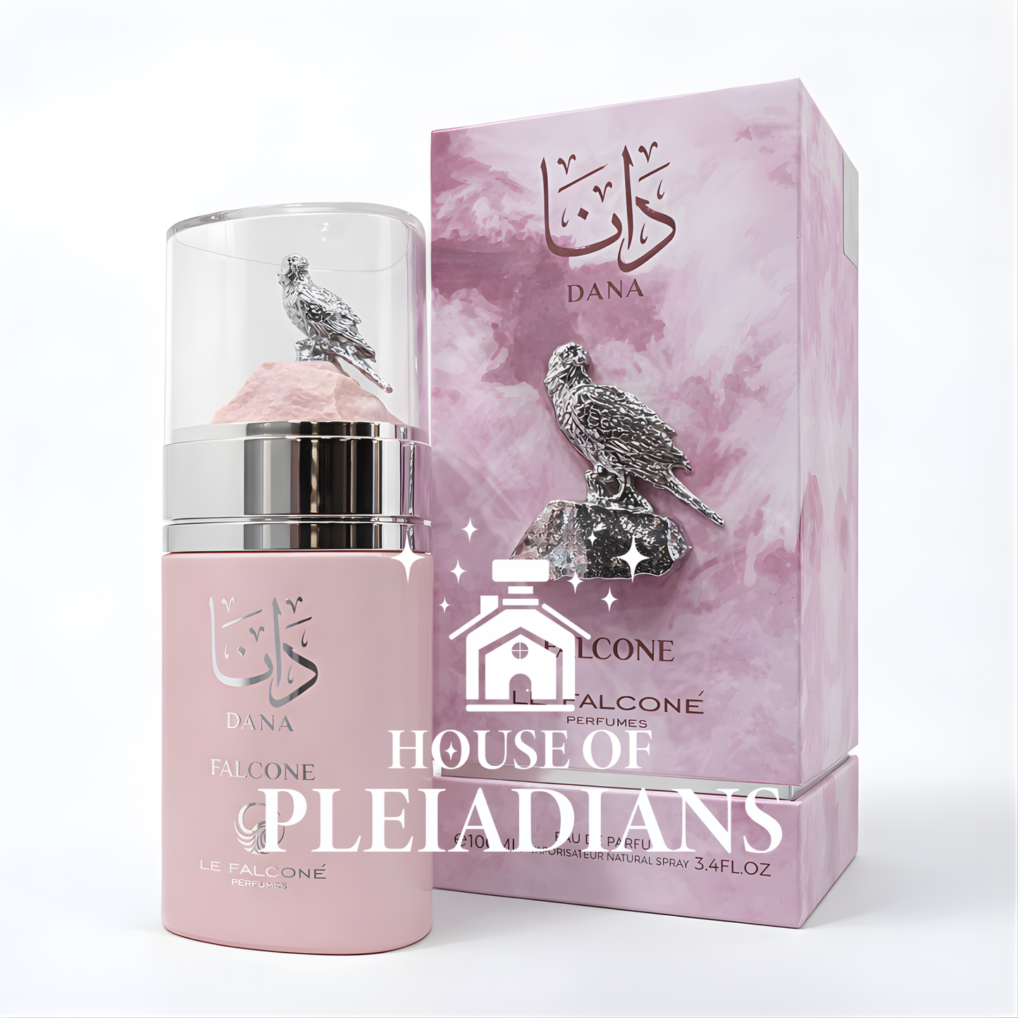 Pink perfume bottle and packaging with 'Dana' branding on a white background