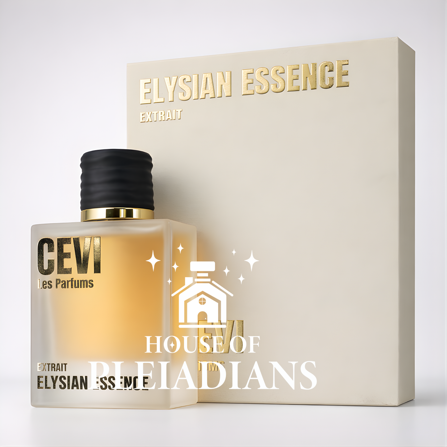 Perfume bottle and packaging of Elysian Essence with Cevi Les Parfums branding on a white background.