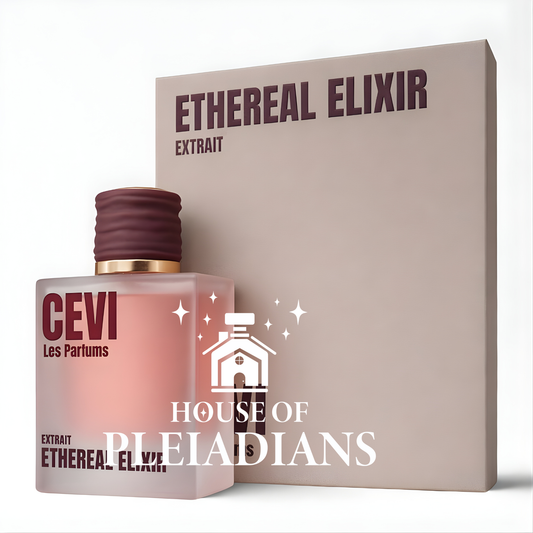 Perfume bottle and packaging of 'Ethereal Elixir' by Cevi Les Parfums with 'House of Pleiadians' branding.