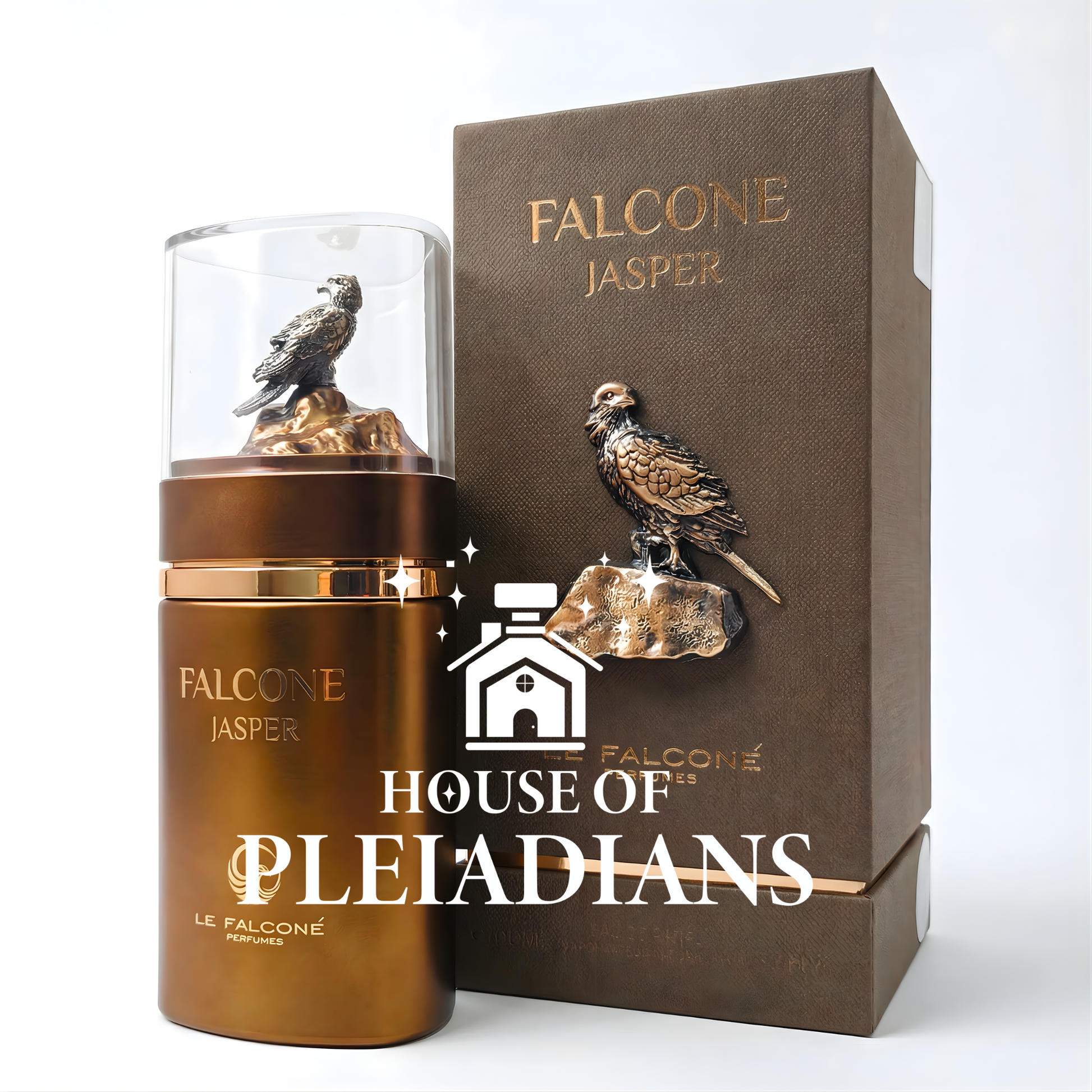 Brown Falcone Jasper perfume bottle and packaging with bird design on a white background
