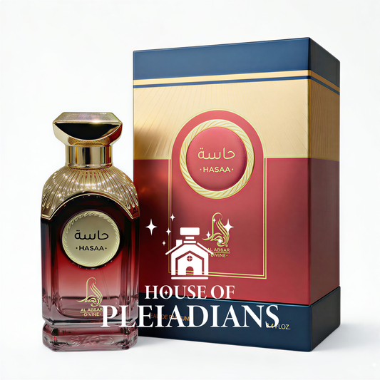 Perfume bottle and packaging of House of Pleiadians on a white background
