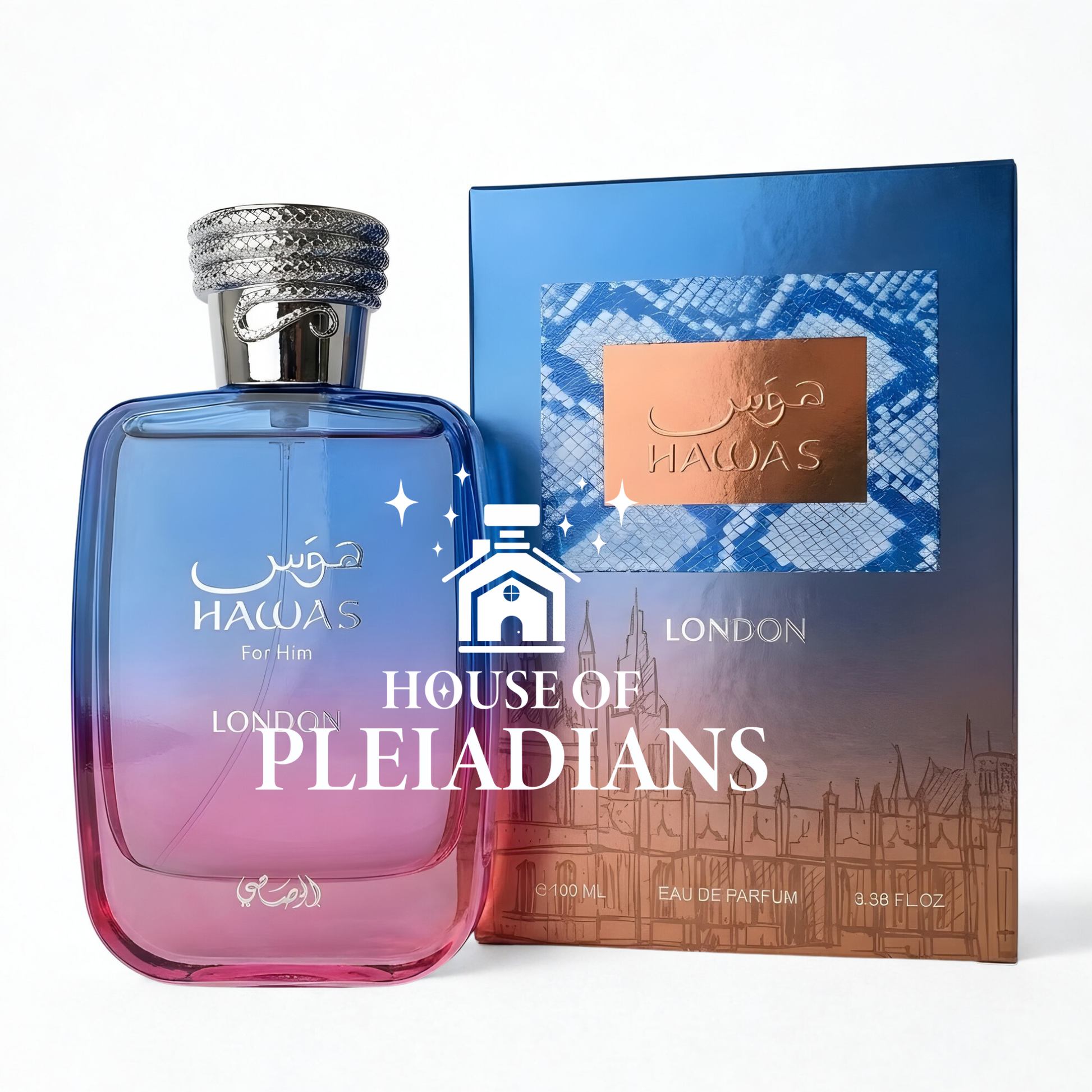 Perfume bottle with blue gradient and packaging labeled 'Hawas' by 'House of Pleiadians' on a white background.