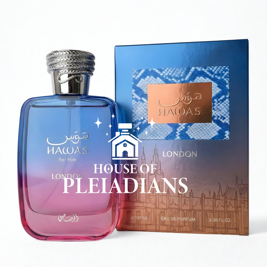 Perfume bottle with blue gradient and packaging labeled 'Hawas' by 'House of Pleiadians' on a white background.