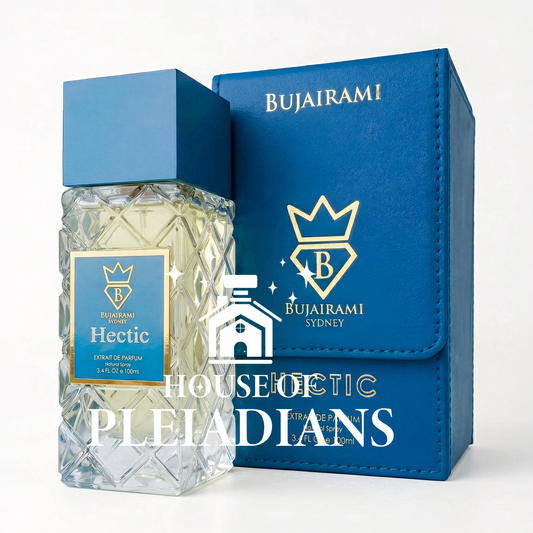 Perfume bottle and packaging of Bujairami Sydney with 'Hectic' label on a white background
