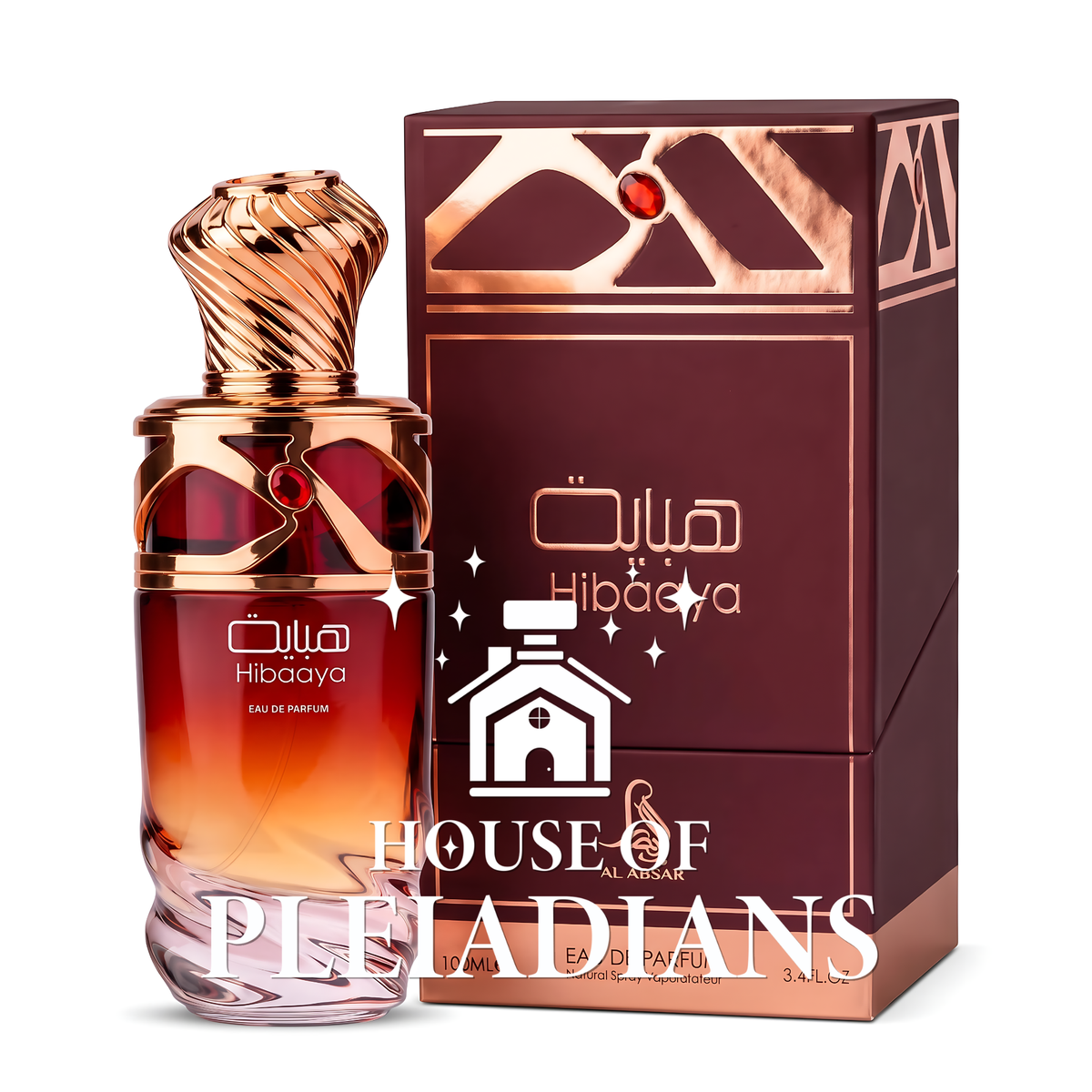 Hibaya Eau de Parfum bottle and its matching box, both in a deep burgundy and rose gold color scheme, with a prominent 'HOUSE OF PLEASANTS' watermark overlay at the bottom.