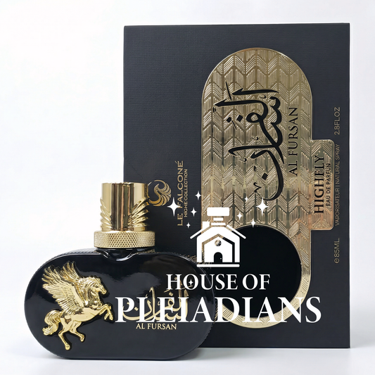 Perfume bottle and packaging with 'House of Pleiadians' branding on a white background