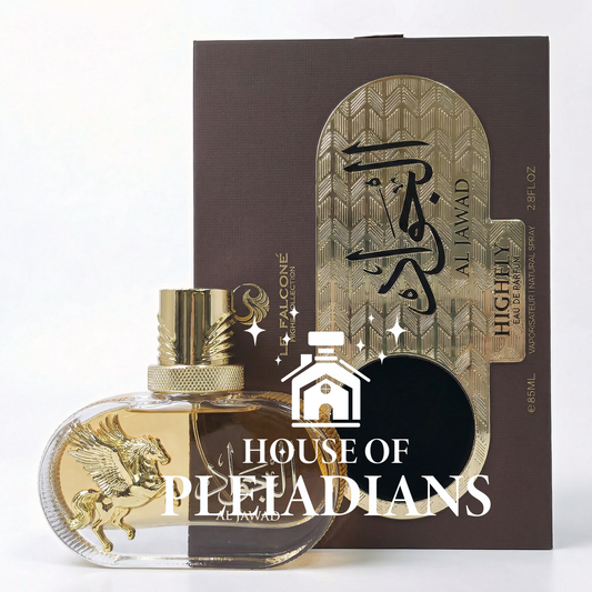 Perfume bottle and packaging with 'House of Pleiadians' branding on a white background