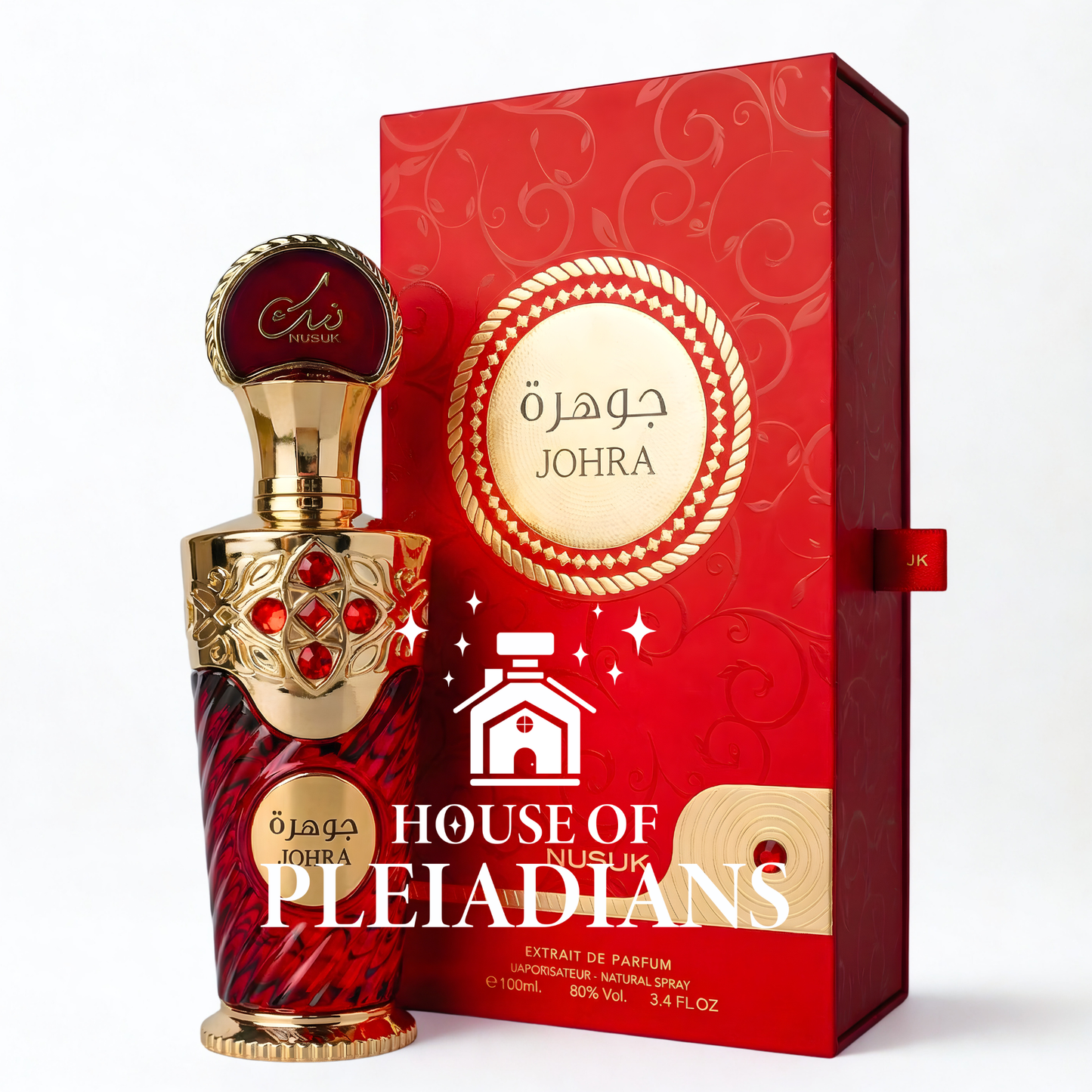 Perfume bottle and packaging of House of Pleiadians Johra on a white background