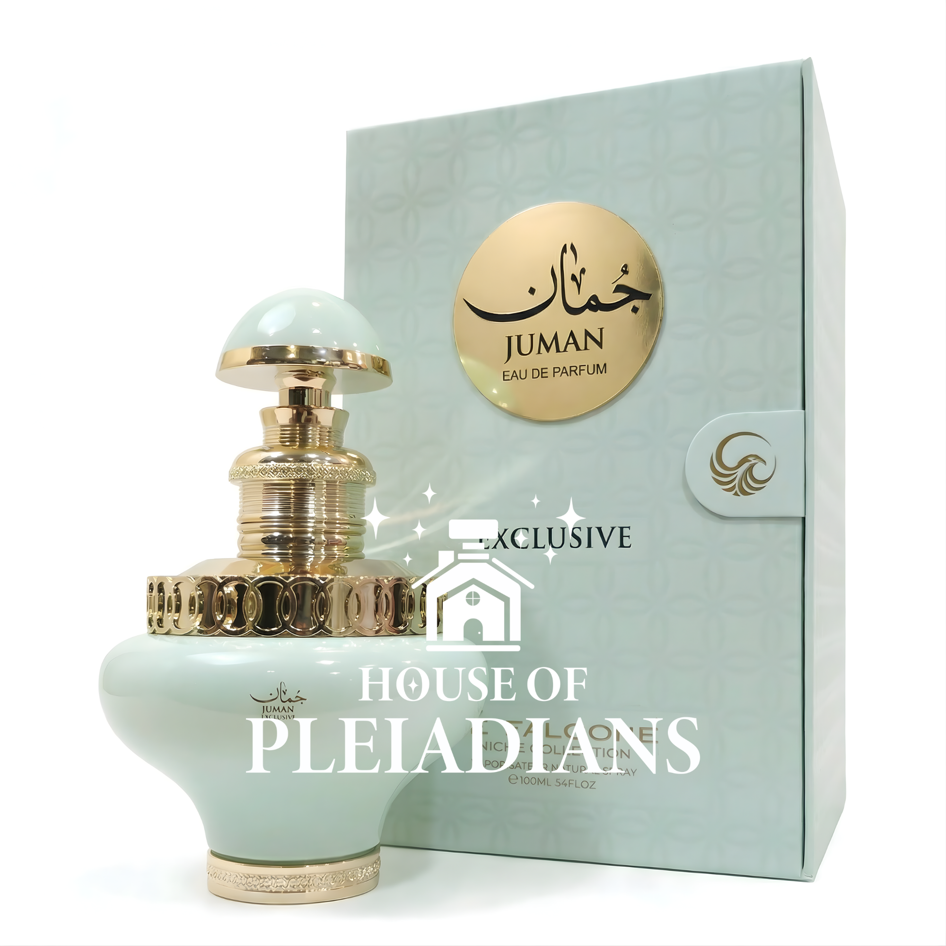 Juman perfume bottle and packaging with 'House of Pleiadians' branding on a white background