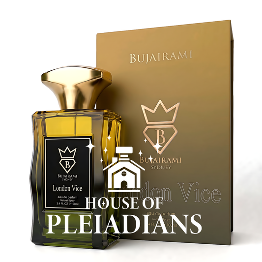 A bottle of BUJAIRAMI London Vice perfume with a gold cap and black label, shown next to its gold gradient packaging box. The image has a white background with a prominent 'HOUSE OF PLEIADIANS' watermark overlay.