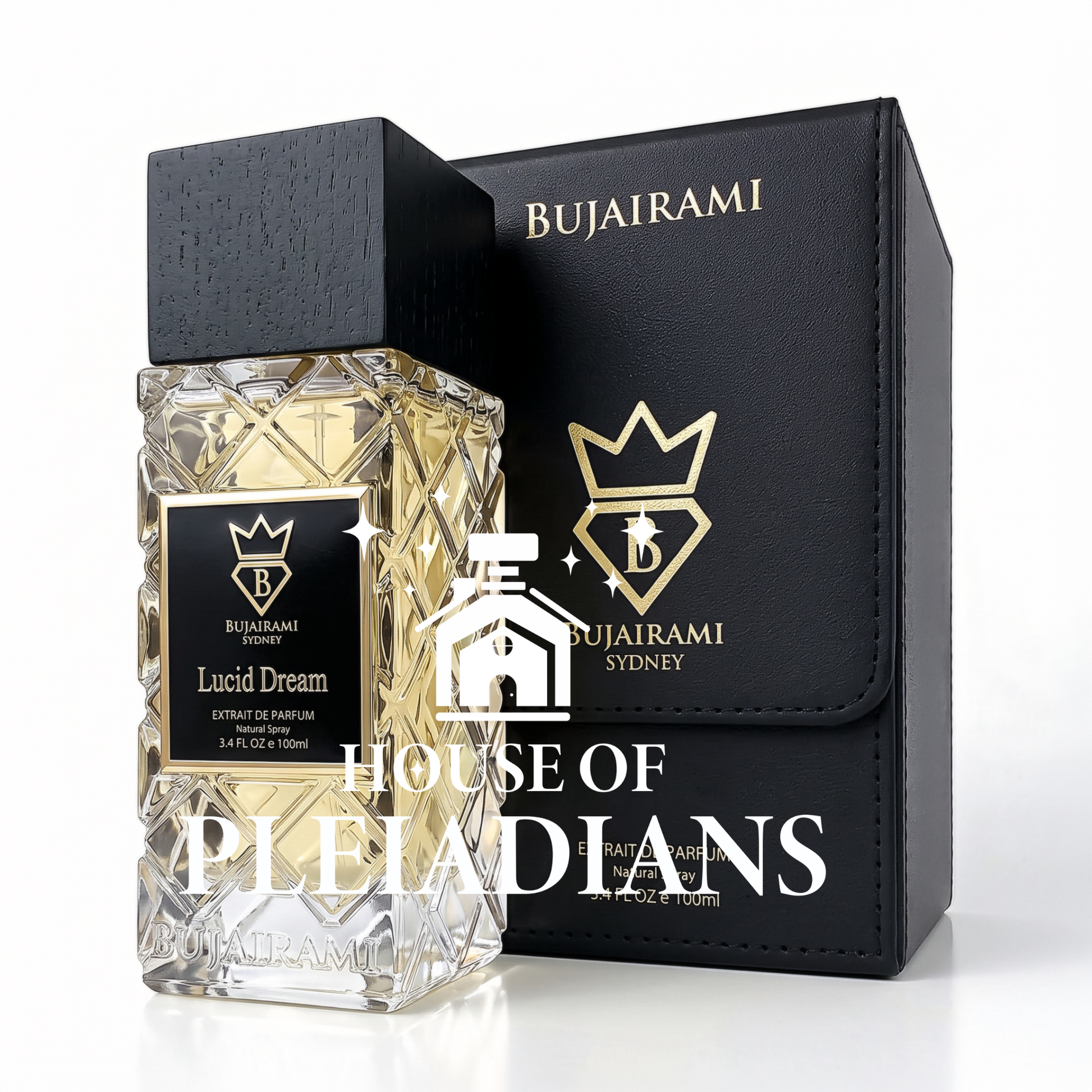 Bujairami Sydney 'Lucid Dream' fragrance bottle with a faceted clear glass body and pale golden liquid, shown next to its black box with gold branding. A large 'HOUSE OF PLEIADIANS' watermark is overlaid across the lower center.