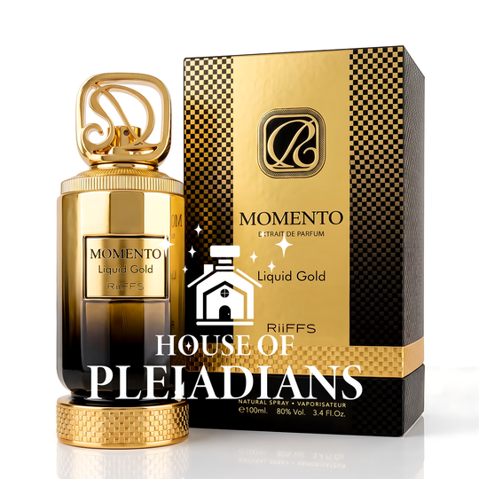 Momento Liquid Gold perfume bottle and luxury gold and black packaging UK