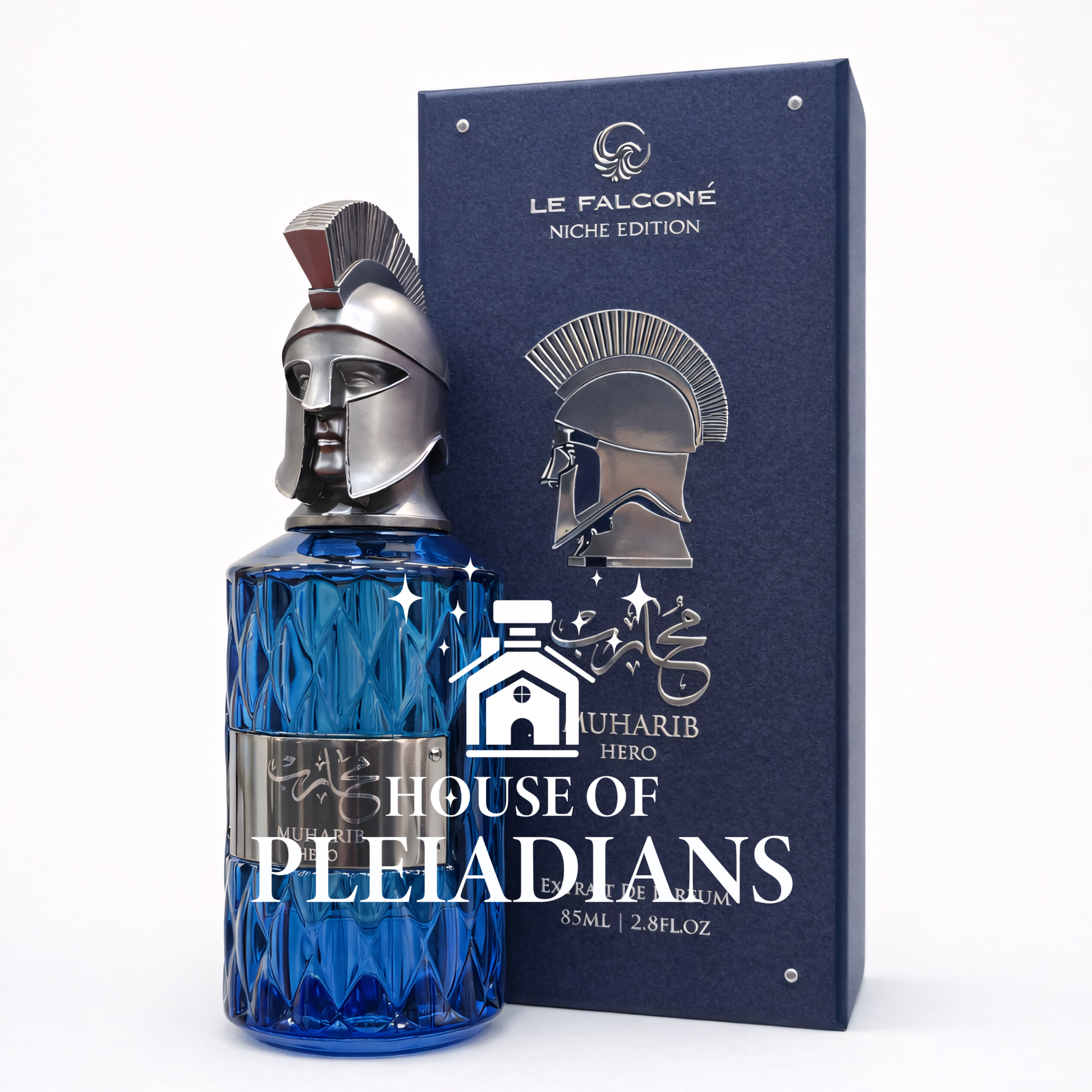 Blue bottle with warrior helmet design and matching box, featuring 'House of Pleiadians' branding.