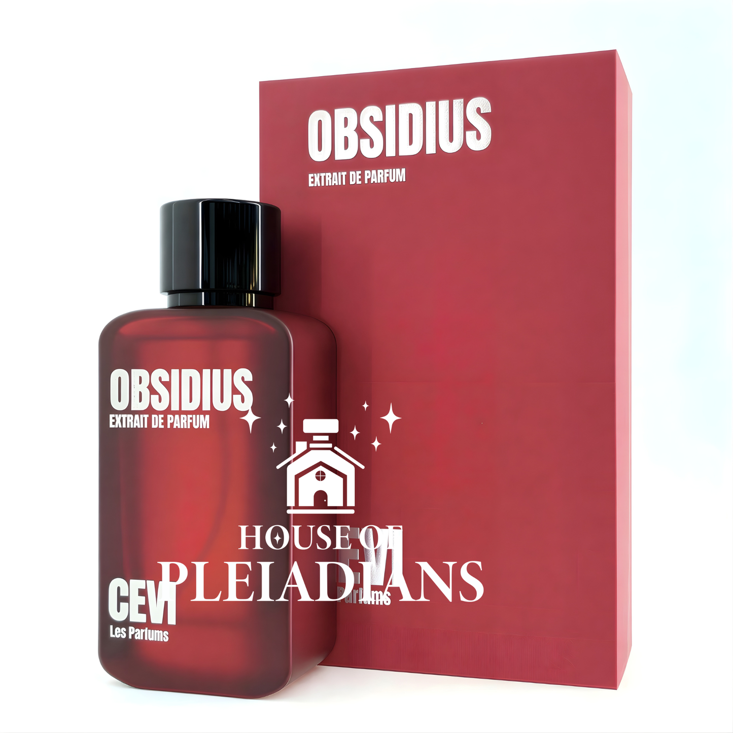Red Obsidius perfume bottle and packaging on a white background