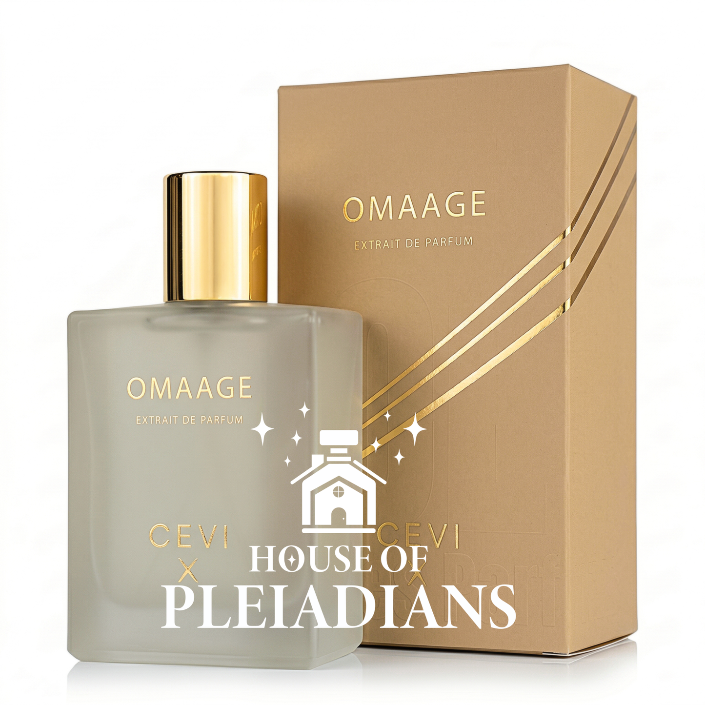 Omaage CEVI X perfume bottle and luxury gold packaging UK