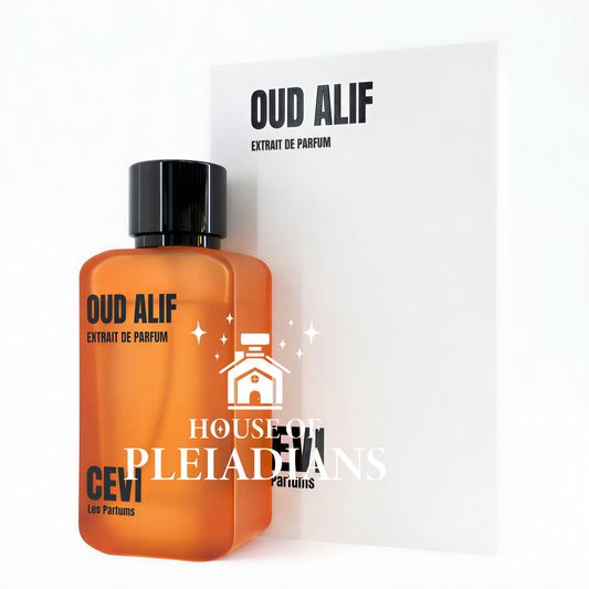 Orange perfume bottle labeled 'Oud Alif' with packaging on a white background