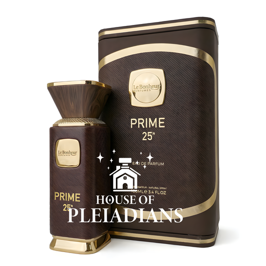 Brown and gold perfume bottle and packaging with 'Le Bonheur' branding on a white background.