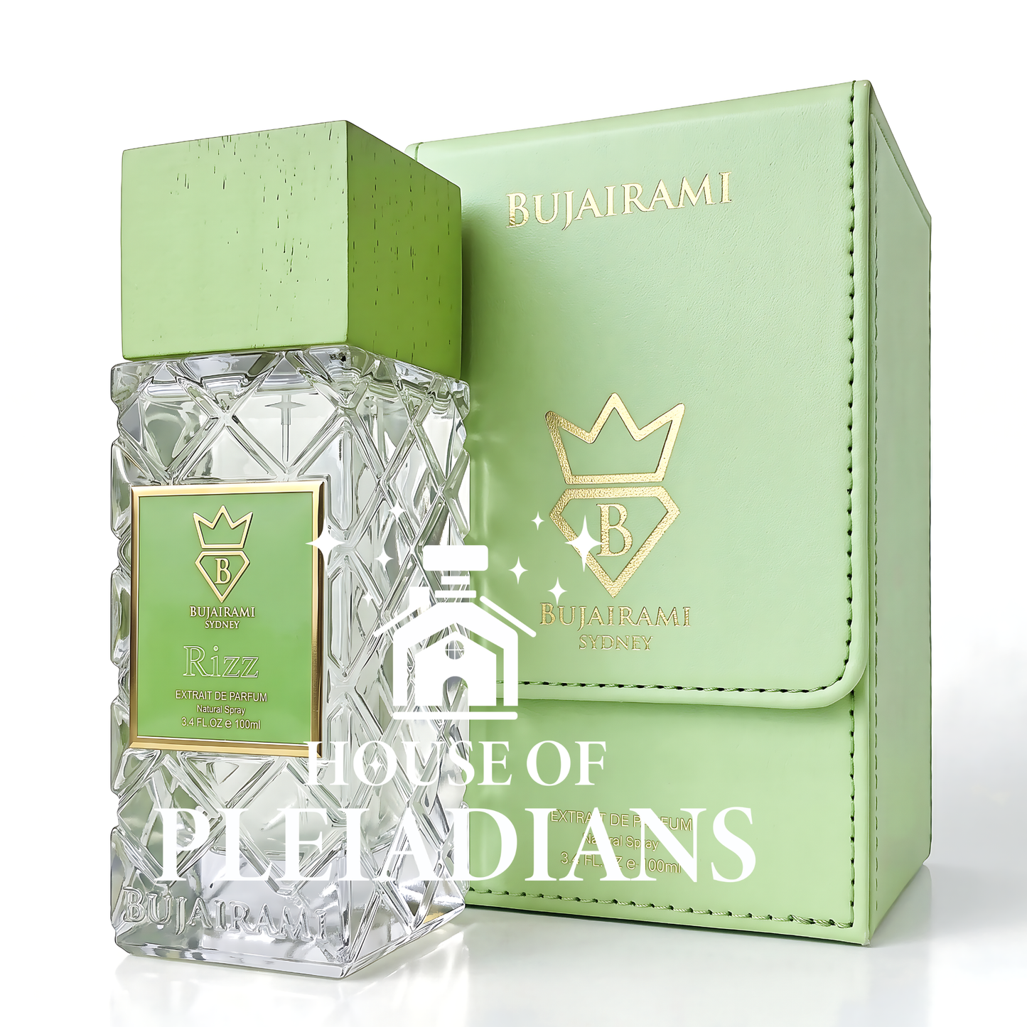 Bujairami Rizz Eau de Parfum bottle next to its light green box, featuring gold lettering and a crown logo, with a large 'HOUSE OF PLEIADIANS' watermark overlay.
