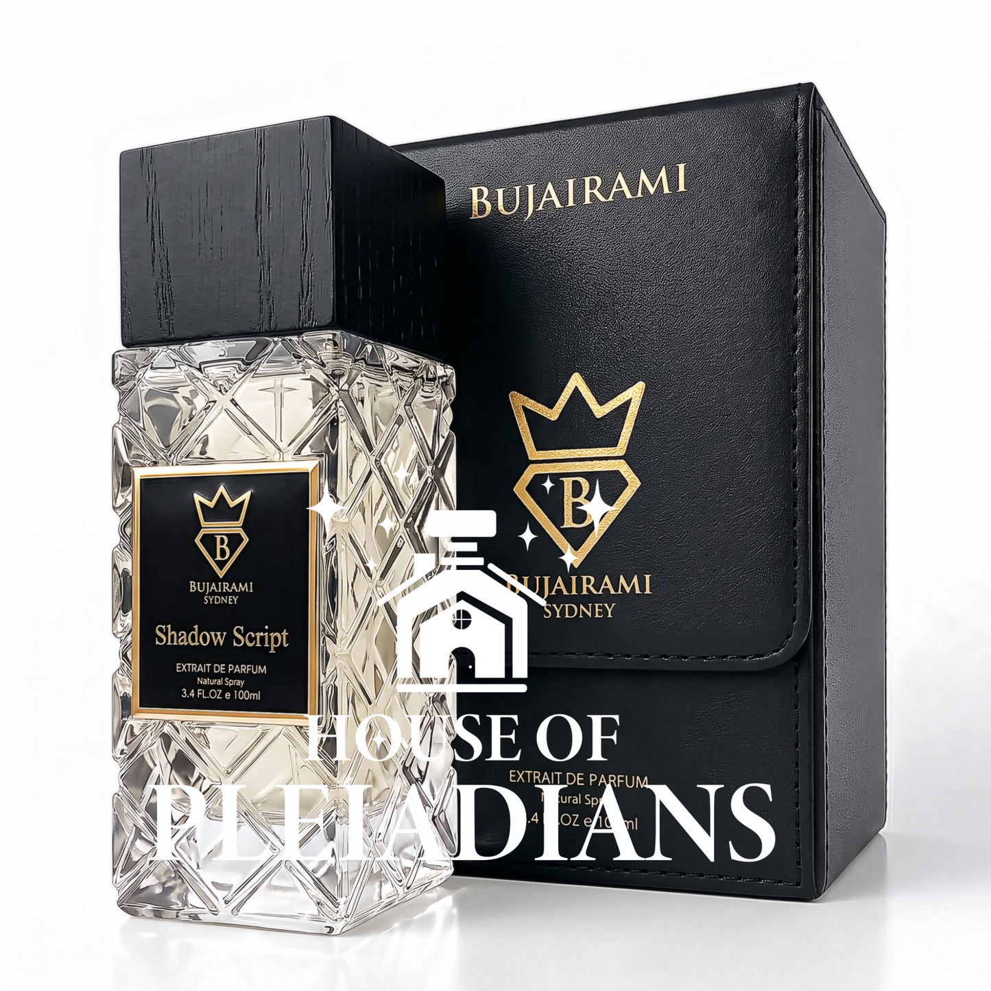 Shadow Script Bujairami perfume bottle and luxury black packaging 100ml UK