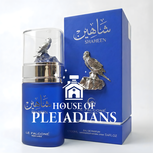 Blue perfume bottle and packaging with 'House of Pleiadians' branding on a white background