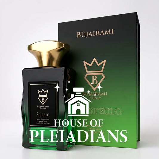 Bujairami Soprano Eau de Parfum bottle with a gold cap next to its green and black gradient packaging box, featuring a large 'HOUSE OF PLEIADIANS' watermark overlay.