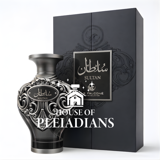 Black perfume bottle and packaging with 'House of Pleiadians' branding on a white background