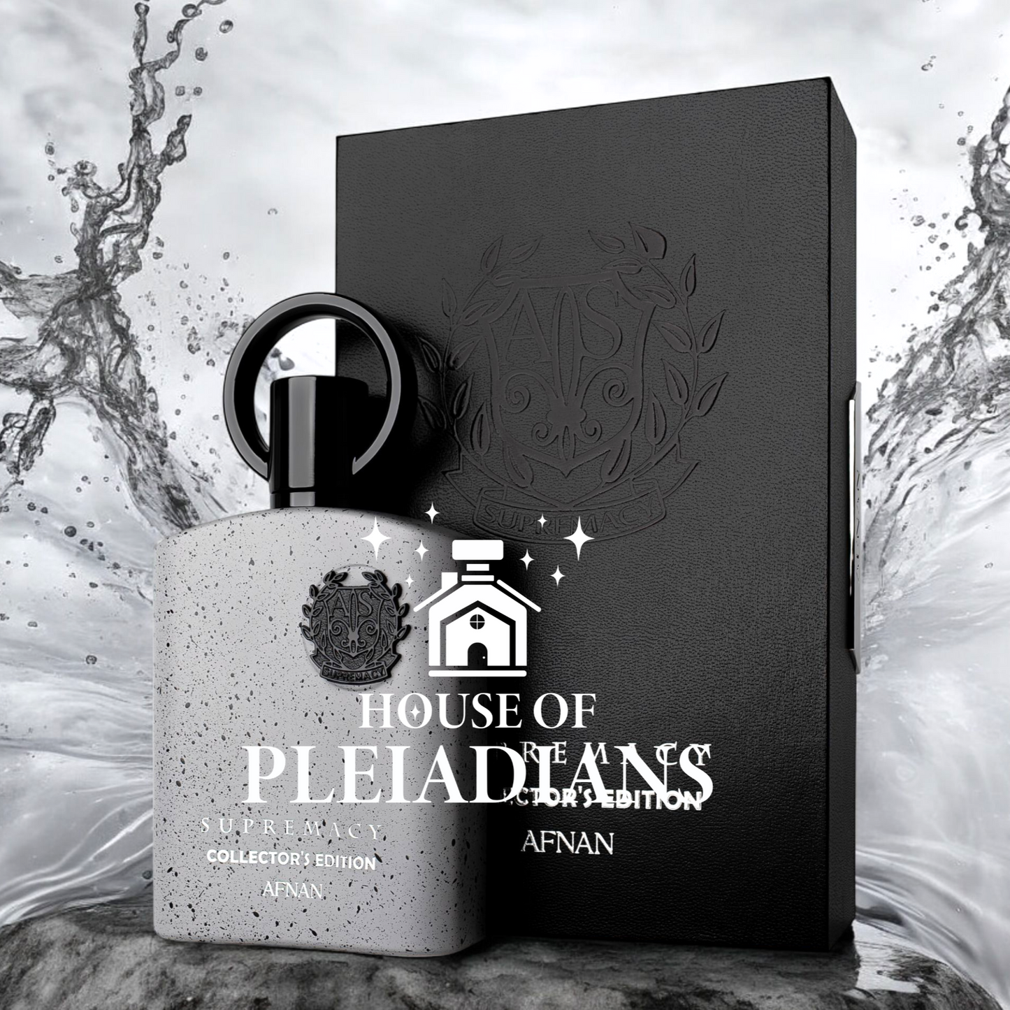 Afnan Supremacy Collector's Edition 100ml Perfume for men with a bold speckled bottle and luxury black box, featured in a dynamic splash background.