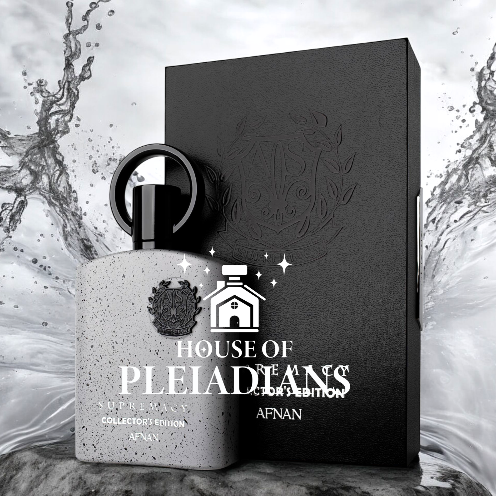 Afnan Supremacy Collector's Edition 100ml Perfume for men with a bold speckled bottle and luxury black box, featured in a dynamic splash background.