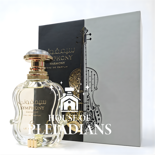 Perfume bottle and packaging with 'Houses of Pleiadians' branding on a white background