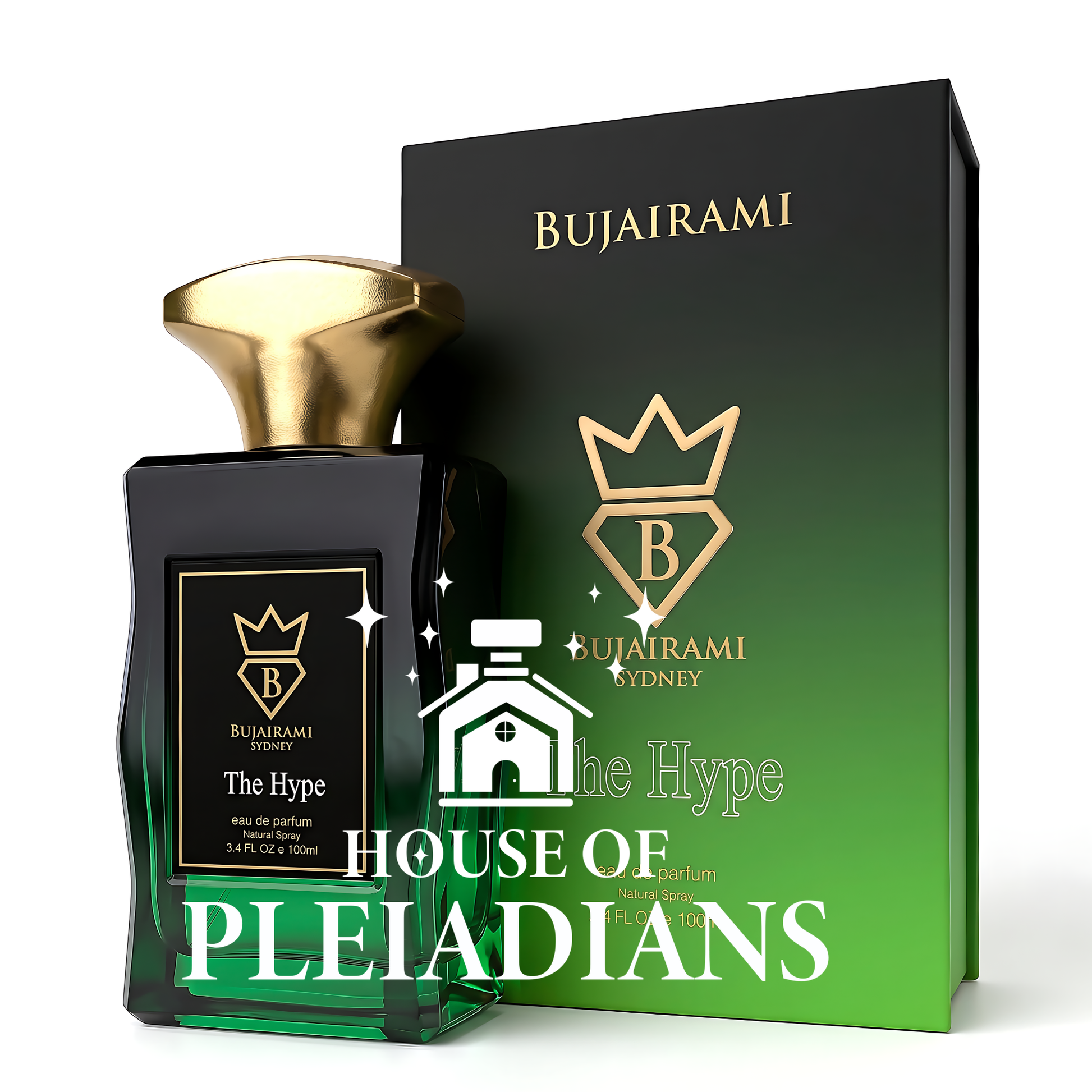 Bujairami Sydney 'The Hype' perfume bottle in a dark green glass bottle with a metallic gold cap, shown next to its black and green gradient packaging box. The image features a large promotional text overlay at the bottom.