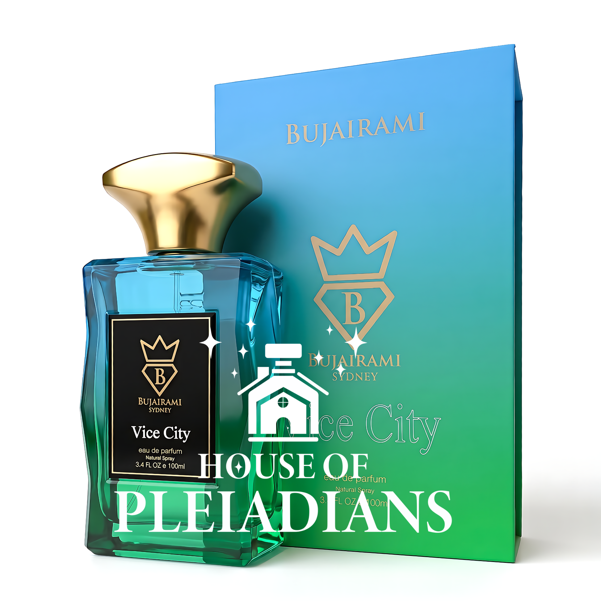 Vice City perfume bottle and luxury blue green gradient packaging UK