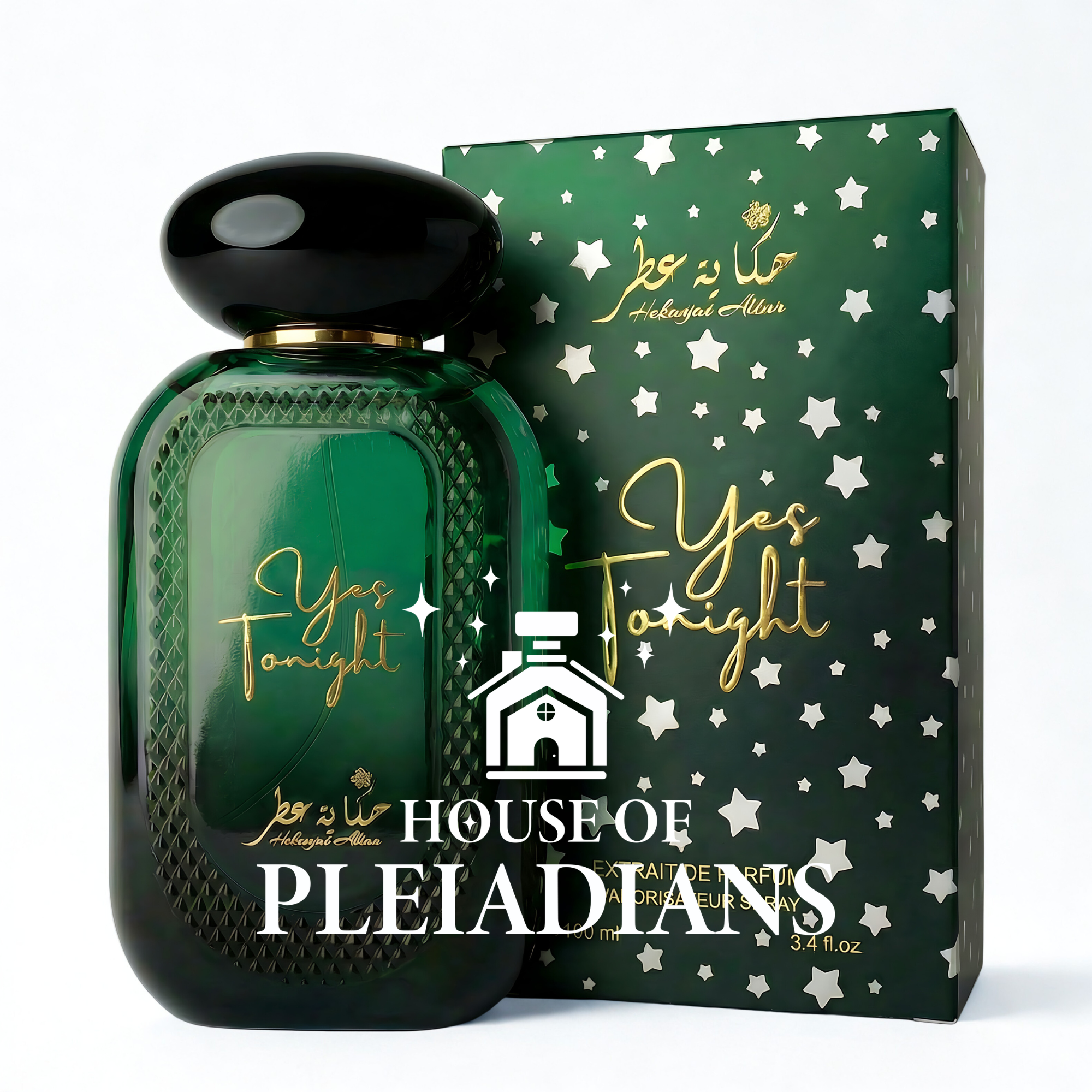 Green perfume bottle and packaging with 'Yes Tonight' text and 'House of Pleiadians' branding.