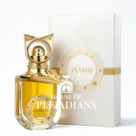 Gold perfume bottle and packaging with 'Zenith' branding on a white background