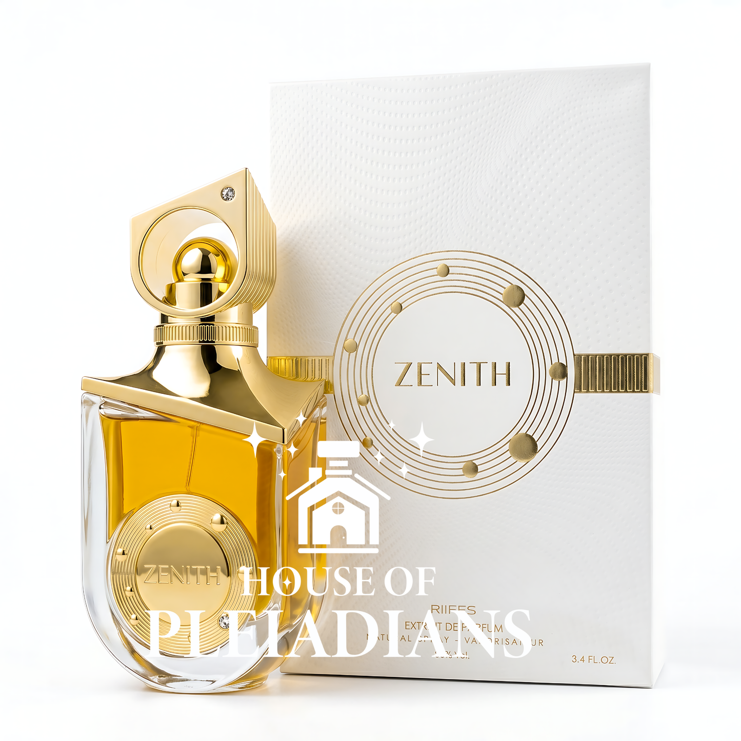 Gold perfume bottle and packaging with 'Zenith' branding on a white background