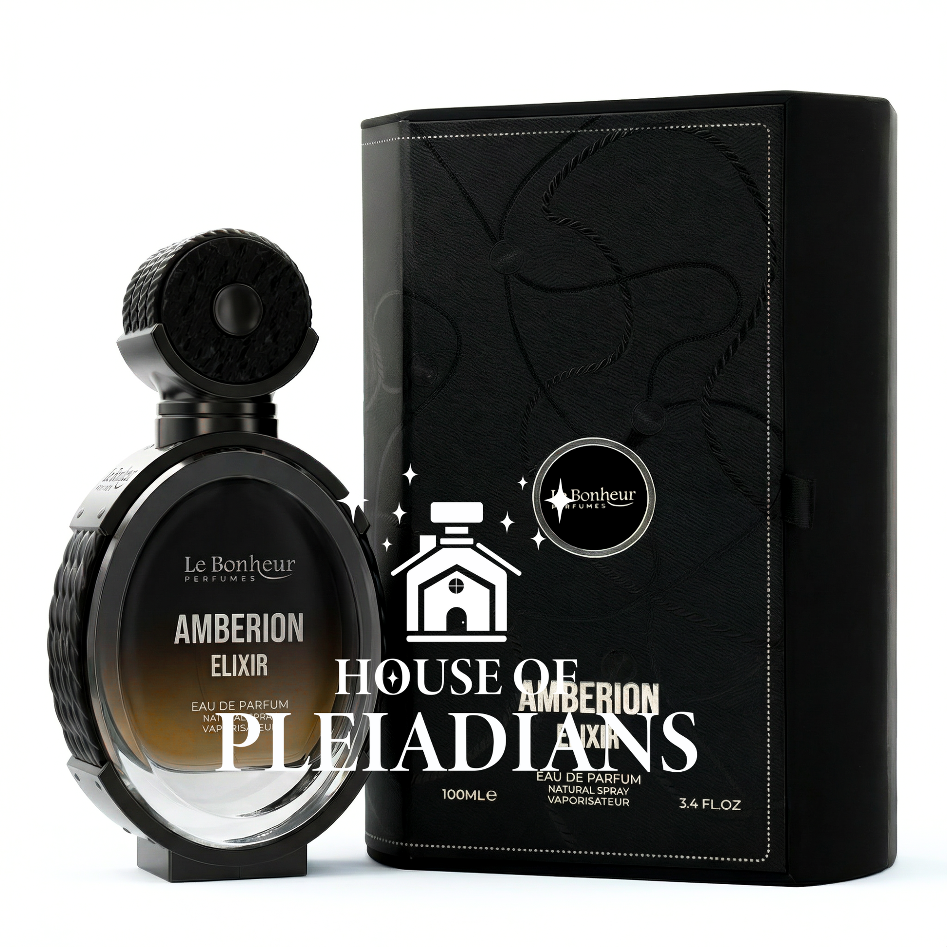 Perfume bottle and packaging of Le Bonheur Perfumes' Amberion Elixir with 'House of Pleiadians' branding.