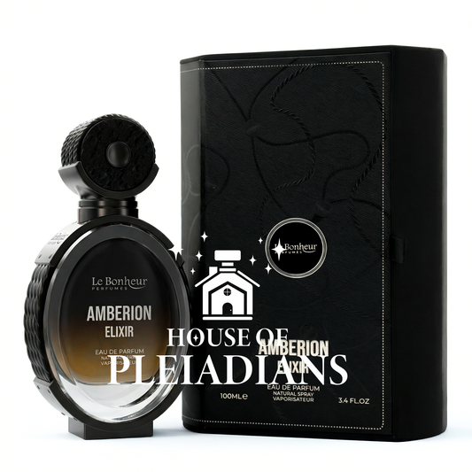 Perfume bottle and packaging of Le Bonheur Perfumes' Amberion Elixir with 'House of Pleiadians' branding.