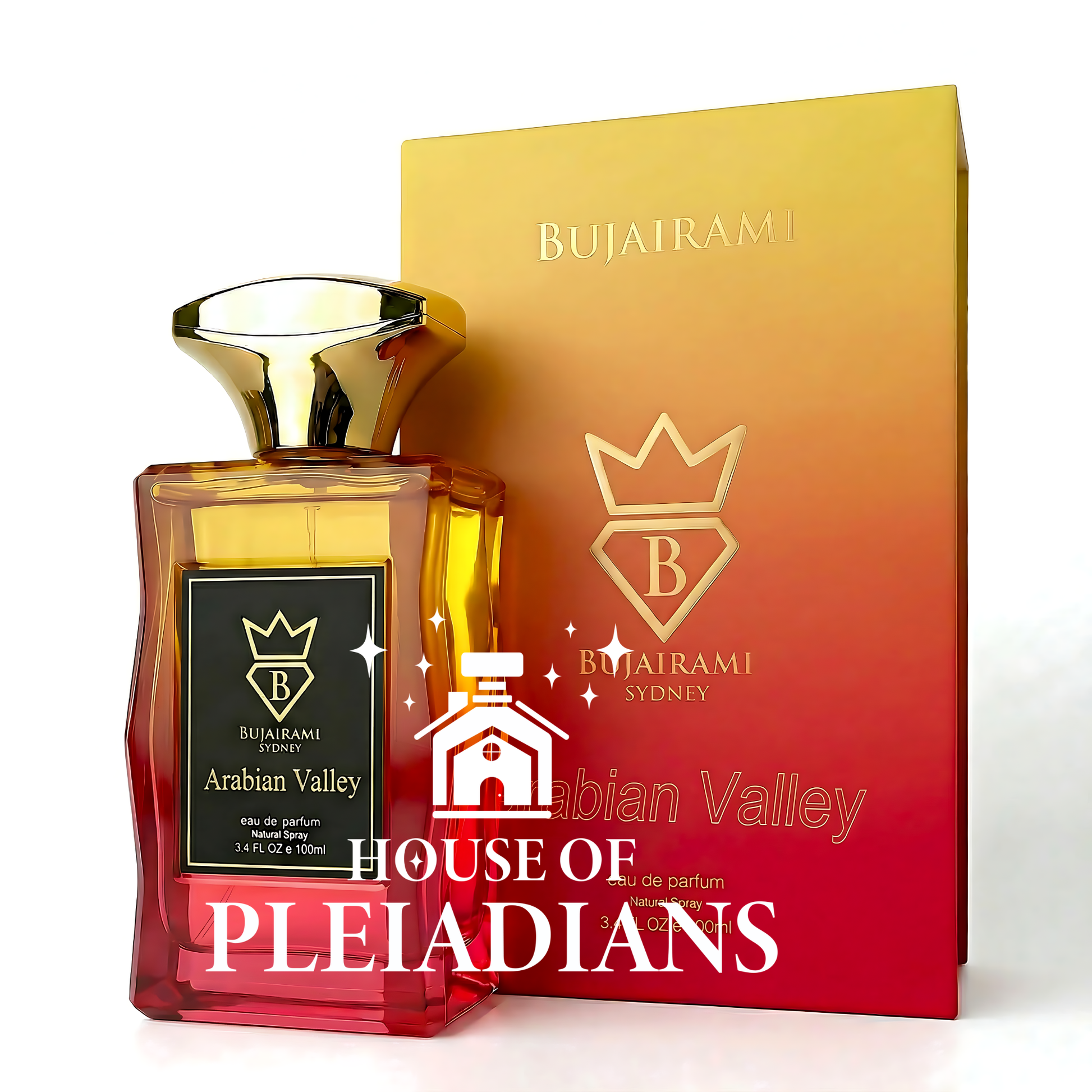 Bujairami Sydney Arabian Valley eau de parfum – clear glass bottle with gold-tone cap – 100 ml / 3.4 fl oz natural spray