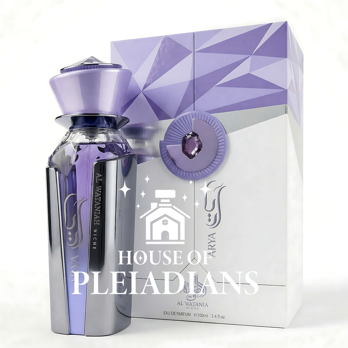 Perfume bottle and packaging of House of Pleiadians on a white background