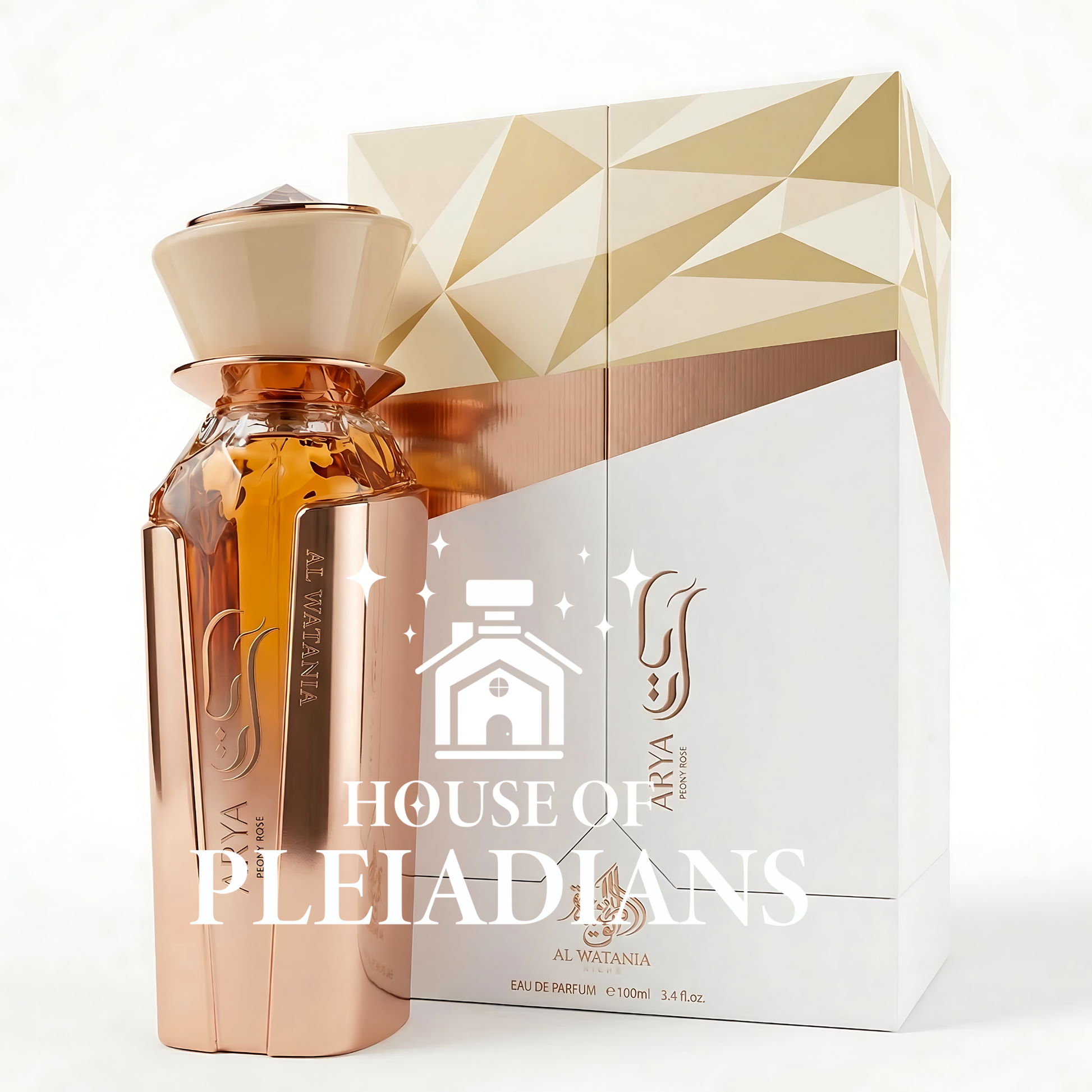Rose gold perfume bottle with geometric box labeled 'House of Pleiadians' on a white background
