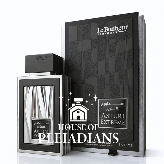 Perfume bottle and packaging of Le Bonheur with 'House of Pleiadians' branding.