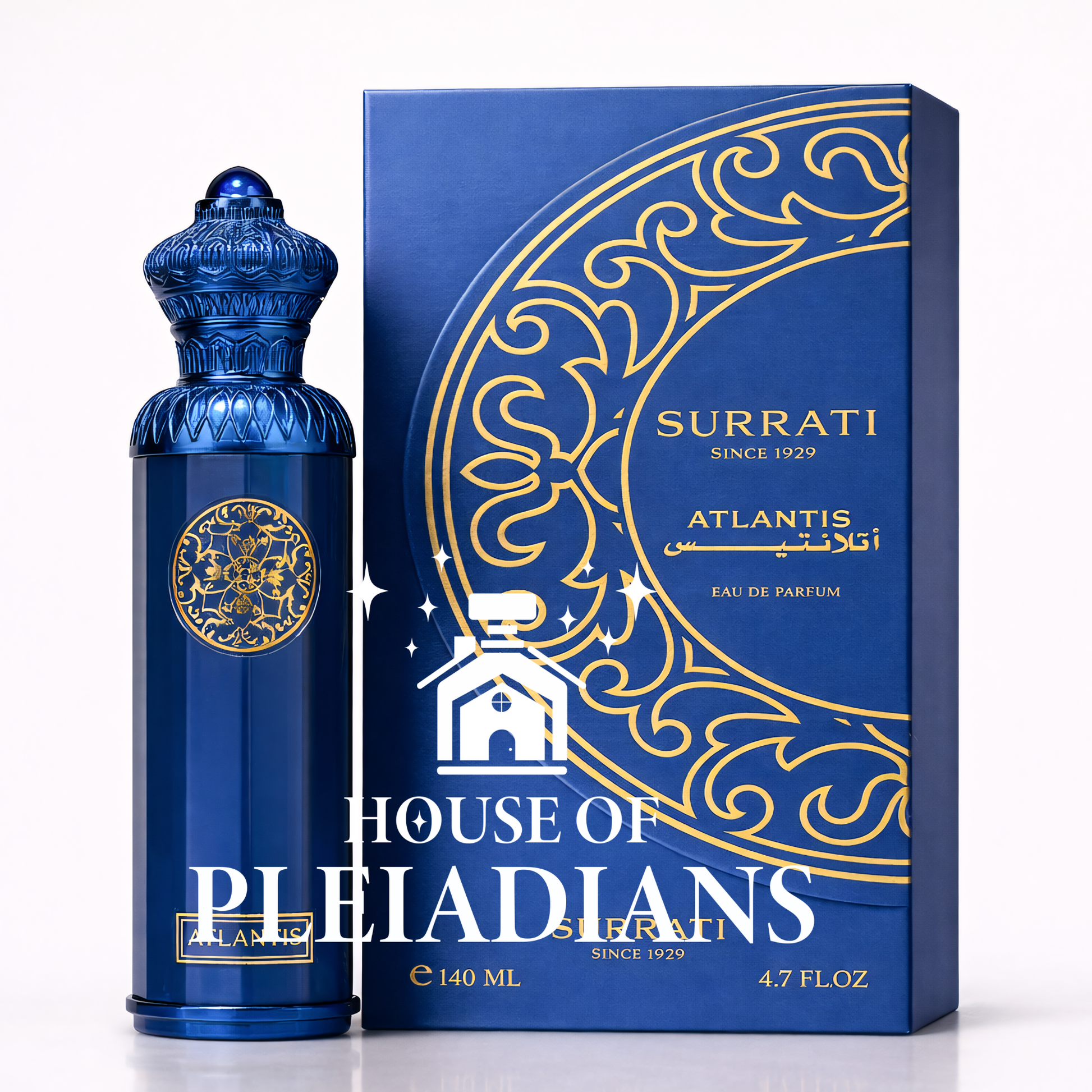 Blue Surrati Atlantis perfume bottle and packaging on a white background