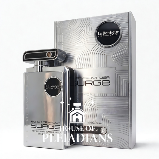 Silver perfume bottle and packaging with 'Le Bonheur' branding on a white background