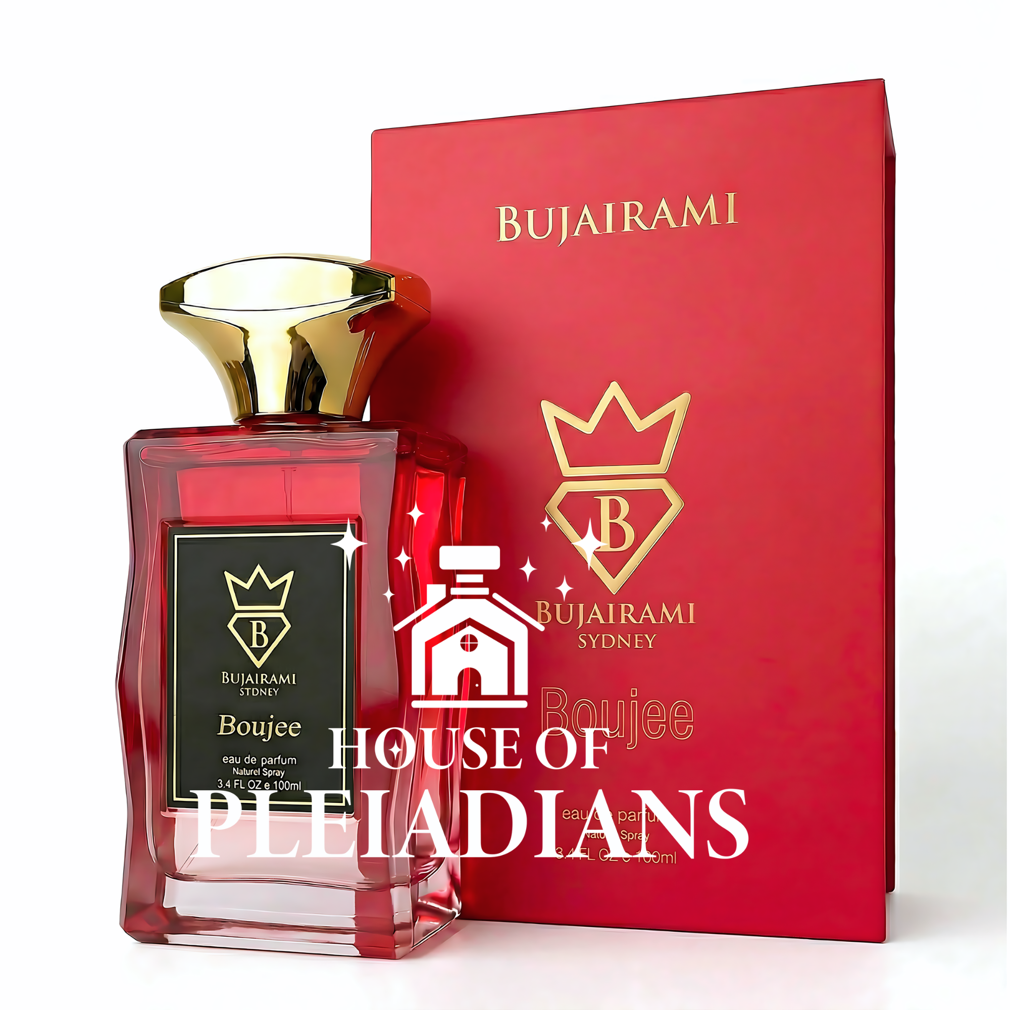 Red perfume bottle with gold cap and matching box labeled 'Bujairami' on a white background
