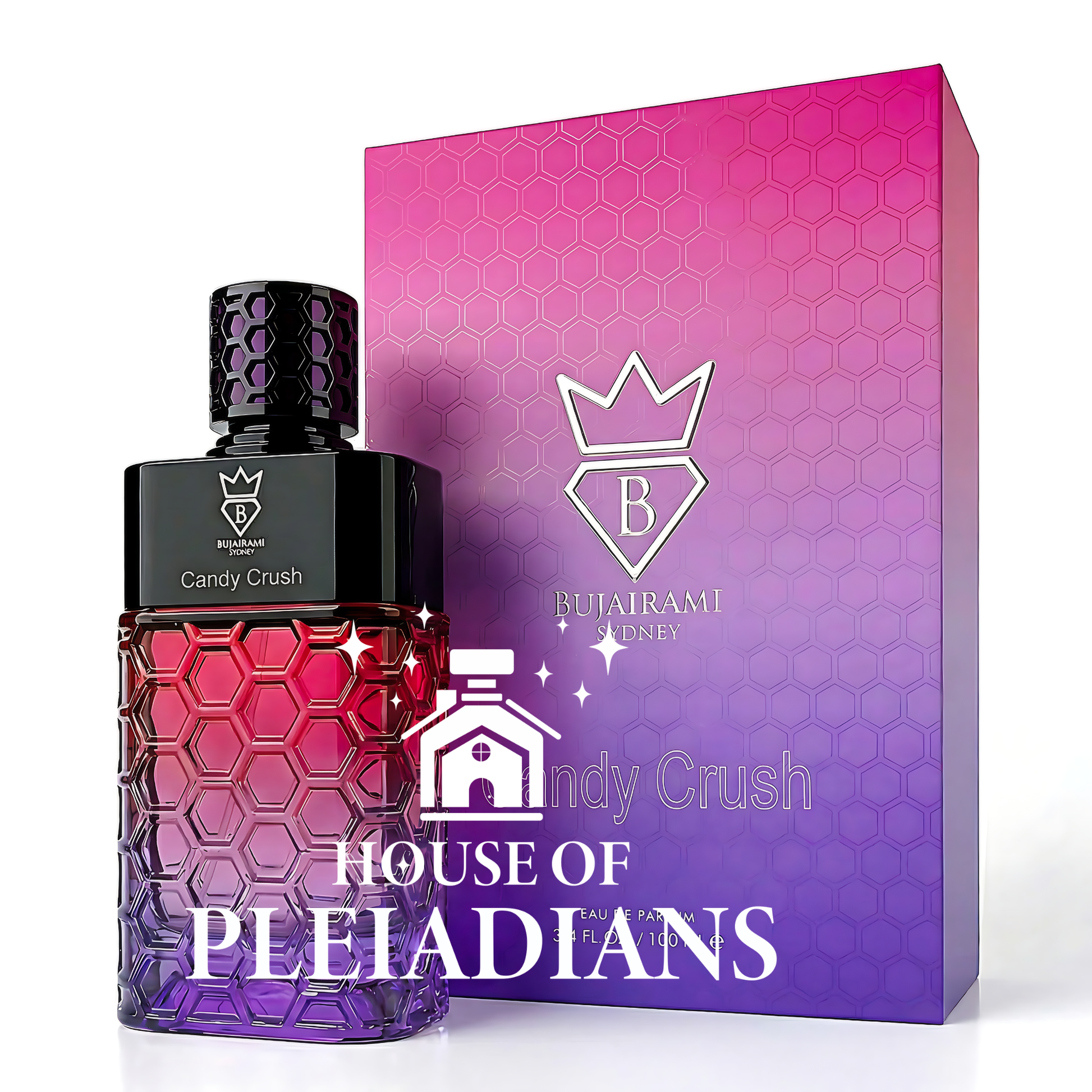 Bujairami Candy Crush 100ml Eau de Parfum bottle with gradient honeycomb design and box Middle Eastern perfume UK