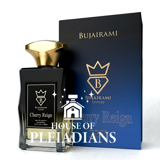 Cherry Reign perfume bottle and luxury blue gradient packaging UK