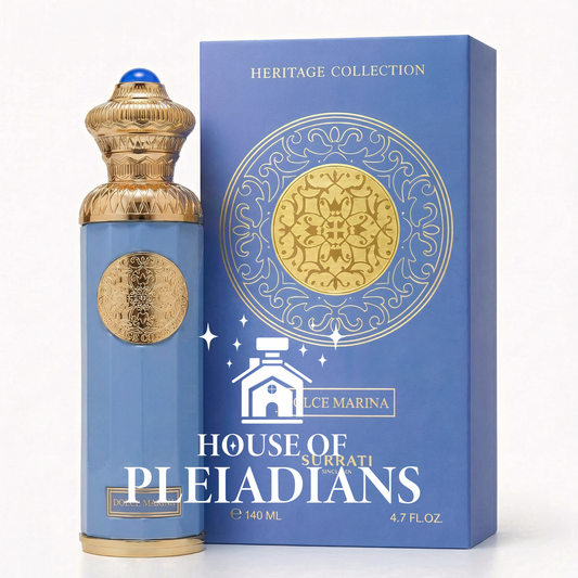 Perfume bottle and packaging of House of Pleiadians with decorative elements on a white background