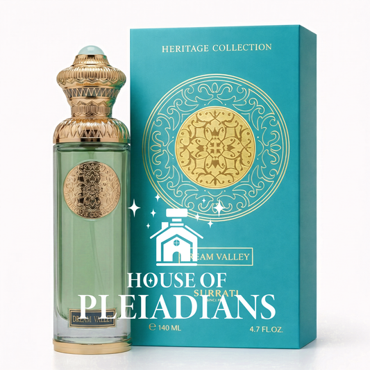 Perfume bottle and packaging of House of Pleiadians with intricate designs on a white background